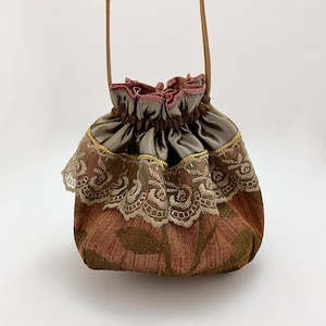 Brocade Pouch Purse with Iridescent Taffeta, Taupe Lace Trim, Gold Piping and Bronze Satin Cording Drawstring Handles