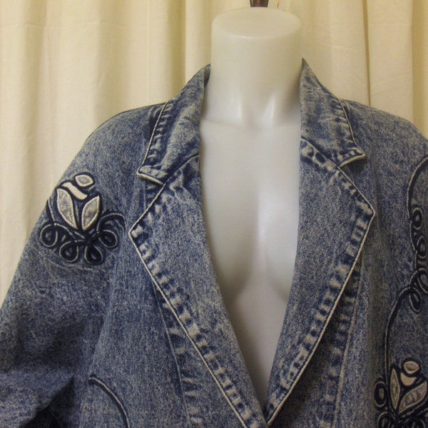 VINTAGE Denim Coat by 'Vanna White Original' w/Cording Accents, Single Button Closure, Acid Wash, Size XL