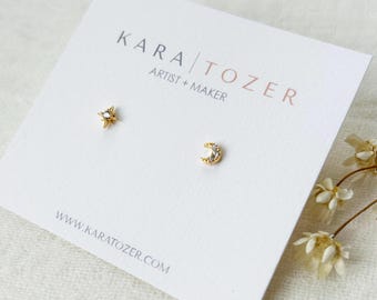 Star and Moon Studs, Gold Star and Moon Earrings, Dainty Star Earrings
