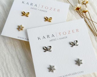 Gold Bow Earrings, Christmas Stud Set, Holiday Stud Earrings, Gold Snowflake Earrings