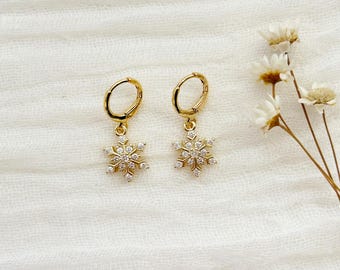 Gold Snowflake Earrings, Dainty Snowflake Hoops, Snowflake Earrings, Gold and Silver Snowflake Huggie Hoops