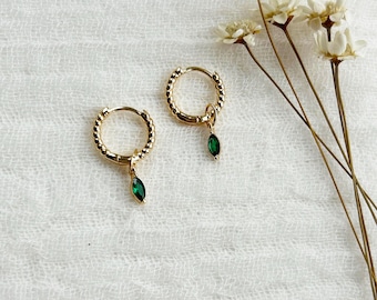 Emerald Hoop Earrings, Emerald Huggie Hoop Earrings, Emerald Charm Hoops,  Emerald Charm Hoop Earrings Gold