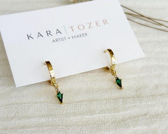 Emerald Hoop Earrings, Emerald Huggie Hoop Earrings, Emerald Charm Hoops,  Emerald Charm Hoop Earrings Gold