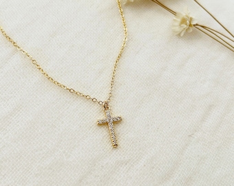 Dainty Gold Plated Filled Cross Necklace, Cross Necklace Gold, Gold Cross Necklace, CZ Cross Necklace