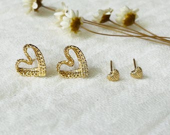 Gold Heart Studs, Heart Earrings, Heart Stud Set, Earring Stacking Set, Gold Lace Heart Stud Earrings