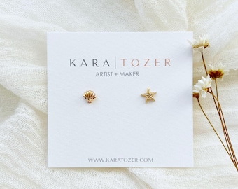 Seashell Stud Earrings, Gold Starfish Earrings, Dainty Seashell Earrings, Shell Studs 18K gold, Starfish Studs, Gold Shell Earrings