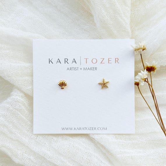 Seashell Stud Earrings, Gold Starfish Earrings, Dainty Seashell Earrings, Shell Studs 18K gold, Starfish Studs, Gold Shell Earrings