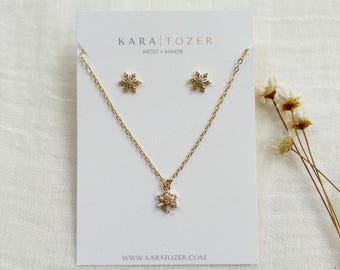 Gold Filled Snowflake Necklace, Snowflake Stud Earrings, Snowflake Necklace and Earring Set