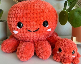 Jumbo Orange Mama Octopus Plush and Two Adorable Baby Octos