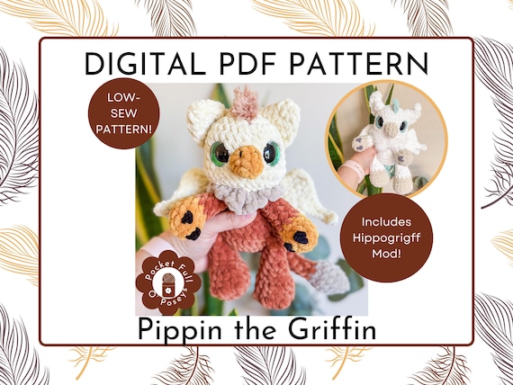 Crochet Griffin Plushie Pattern- Digital PDF Low Sew Tutorial with Hippogriff Mod