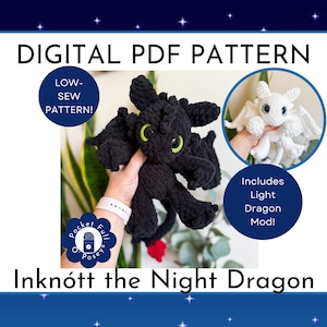 May include: Digital PDF pattern for a crochet dragon, Inknótt the Night Dragon. The image shows a black dragon with green eyes and a white dragon. The pattern is a low-sew design and includes a Light Dragon mod.