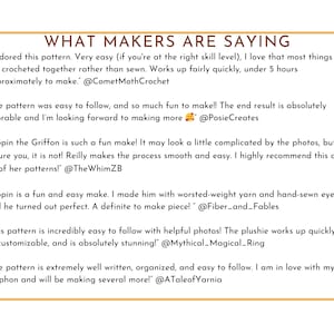 May include: A cream-colored rectangular graphic with a gold border displays text that reads "WHAT MAKERS ARE SAYING." Below, several quotes from makers describe their experiences with a crochet pattern, highlighting ease of use and positive results.