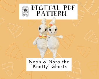 May include: A digital PDF pattern featuring two crocheted ghost dolls, Noah and Nora, with smiling faces and small accessories. The background is a light orange with candy corn outlines, and the text reads "DIGITAL PDF PATTERN".