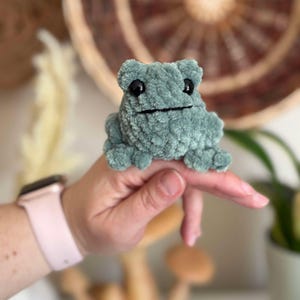 May include: A small, green crocheted frog with black eyes. The frog is sitting on a finger.