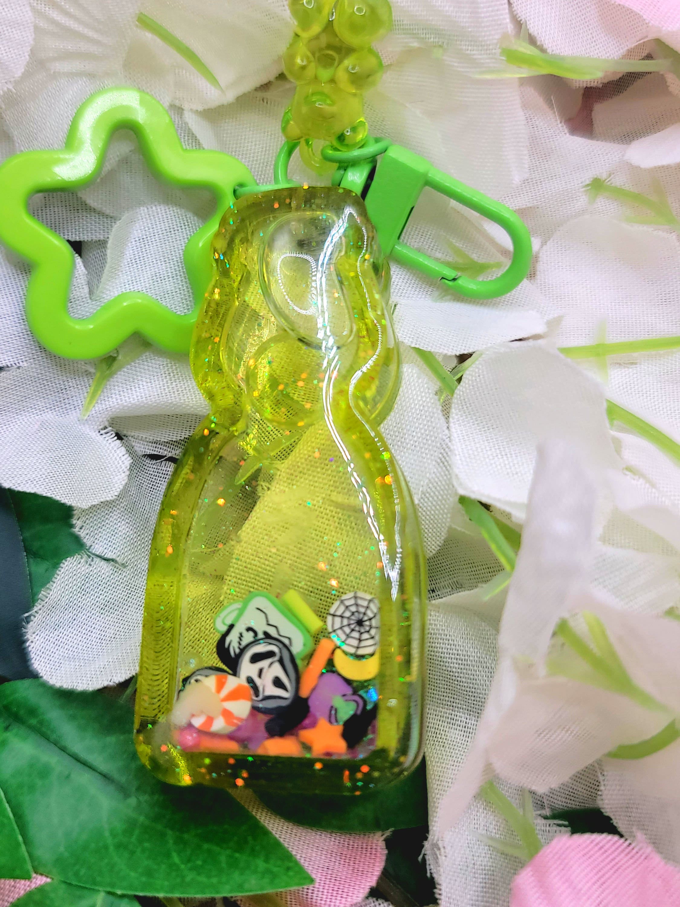 Halloween Themed Liquid Filled Resin SHAKER Keychain | Green Soda