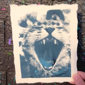 Sérigraphie d'un chat qui crie | Impression artistique | minou | Beaux-arts