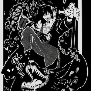 Peut inclure: Illustration en noir et blanc d'une personne aux longs cheveux noirs et en costume noir, debout sur une créature monstrueuse aux yeux multiples. La créature a des dents acérées et une expression menaçante. La personne pointe du doigt avec sa main droite et a un sourire sinistre.