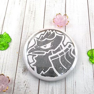 Printmaking Linoblock 2 inch Button | Metal Crow Pocket Monster | PkMn | Traditional Printmaking | Fan Art