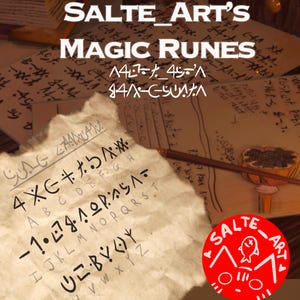 Puede incluir: Imagen con el texto "SALTE_ART'S MAGIC RUNES" en una fuente estilizada. La imagen incluye notas manuscritas y un logotipo circular rojo con el texto "SALTE-ART" y un icono de pez. El tema general sugiere un concepto místico o de fantasía.