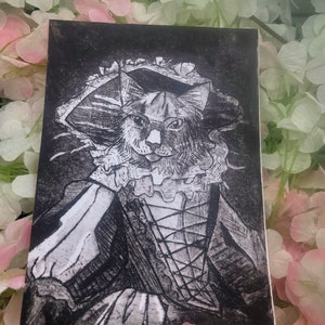 Impresión artística / Retrato de gato / Grabado al aguafuerte / Vestido renacentista