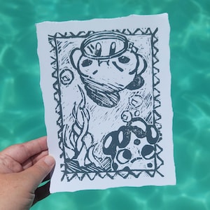 Swimming Kirby! Lino-Block print on rag paper