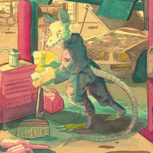 May include: Watercolor illustration of a rat-like figure in a mechanic's outfit, holding yellow gloves. The figure stands in a garage setting with a car, tool chest, and broom. The color palette includes shades of green, pink, and brown.