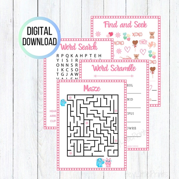 4 Valentine printable activities, activity sheets, printable, maze, word search, find and seek, word scramble, valentines bundle, k-1