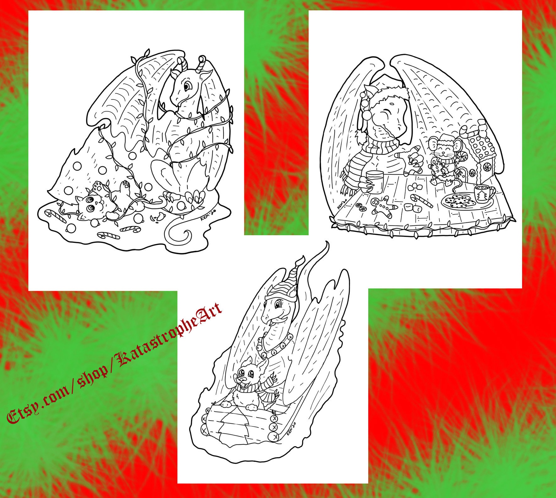 Printable Christmas Dragon Coloring Pages Set 2 - Etsy