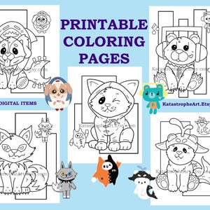 May include: A collection of printable coloring pages featuring whimsical animal characters. The pages include a dog, bear, cat, fox, and a bunny, all in a line art style. The text "PRINTABLE COLORING PAGES" is displayed in the center.