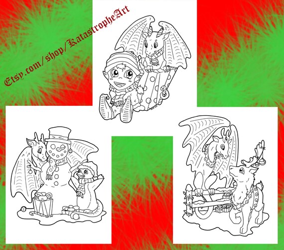 Printable Christmas Dragon Coloring Pages Set 1 Etsy