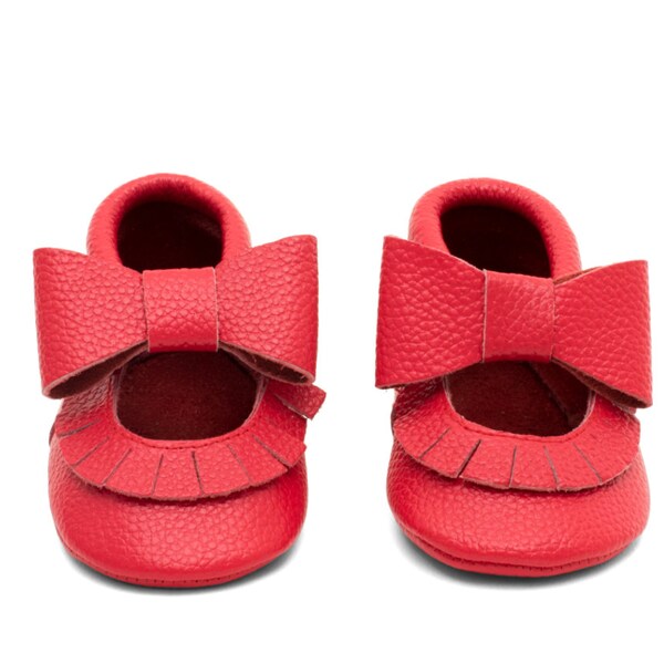 Mac&Lou Mary Jane Genuine Leather Baby Toddler Moccasins Sandals Fringe Bow Babies Booties Shoes Baby Shower Gift Red