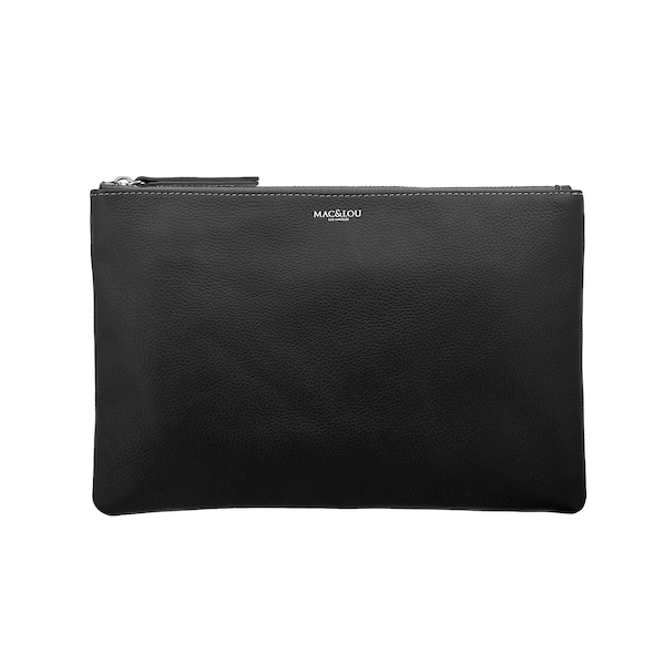 MAC&LOU The Calfskin Leather Ziptop Clutch Pouch Black