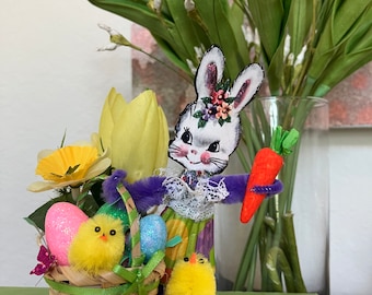 Mini Easter Spring Table or Shelf Decor with Chenille Rabbit and Chicks