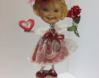 Vintage Valentine Paper/Pipe cleaner doll on wooden spool