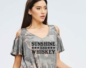 Sunshine and Whiskey Camo V Neck Tank Top Loose Long Fit Short Sleeve Personalized Tee Shirt Women 39 s Front Tie Knot
