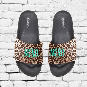 Custom Monogrammed Women's Shoes Leopard and Black Fur Slides Slippers Sandals Custom Ladies Shoes Monogrammed Casual Comfortable Shoes