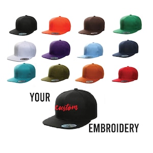 Custom Embroidery Snapback Hat Black Embroidered Hat Your Color Choice Custom Embroidery Solid Black Flat Bill Snapback