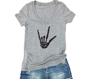 I love you Rock On Skeleton Hand Tee Women's V-Neck T-shirt Skull Hand Tee Custom Shirt Drinking Graphic Fitted Tee