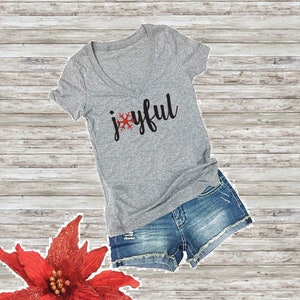 Joyful Print Women's V-Neck T-shirt Snowflake Christmas Shirt Custom Personalized Fitted Tee