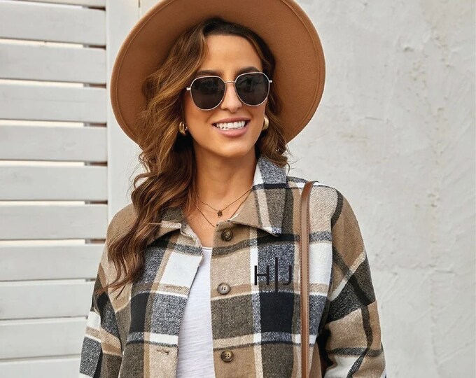 Monogram Plaid Shacket Button Front Brown Tones and Black Shirt Jacket ...