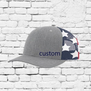 Custom Embroidery Trucker Hat Grey and American Flag Mesh Richardson 112 Trucker Your Custom Print Mesh Back Trucker Hat