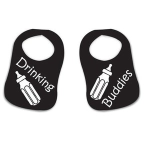 Custom Vinyl Baby Bib Drinking Buddies Black Set Twins Friends Funny Bibs