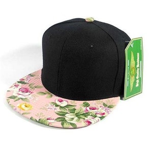 Custom Embroidery Floral Snapback Pink Rose Flower Brim Floral Hat Black Cap with Multicolor Brim