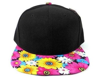 Bordado personalizado Snapback floral rosa amarillo y verde azulado Daisy Brim sombrero negro Snapback personalizado