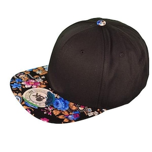 Custom Embroidery Floral Snapback Blue Pink and Gold Floral Brim Black Hat Custom Snapback / Paisley with Multicolor Brim
