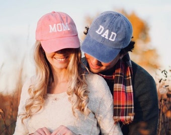 Mom & Dad Unstructured Dad Hat Gift or Baby Announcement Coral Royal and White or Your Color Choice