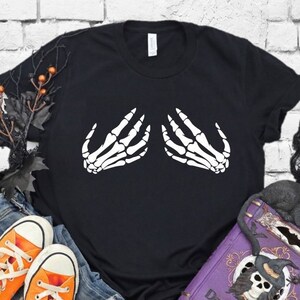 Skull Hand Funny Shirt Boob Tee Boobies Graphic T-Shirt Unisex Crew Neck