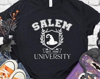 Salem University Witch Shirt Fall Graphic Tee Halloween Shirt Unisex Crew Neck T-shirt Relaxed Retail Fit