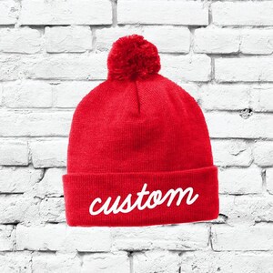 Red Pom Pom Beanie Custom Knit Hats Throwback Winter Hat Personalized Hats