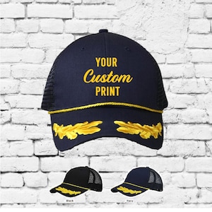 Custom Embroidery Trucker Hats Nautical Black Gold Personalized Captain Hat Yacht Sailor Oak Leaves Brim
